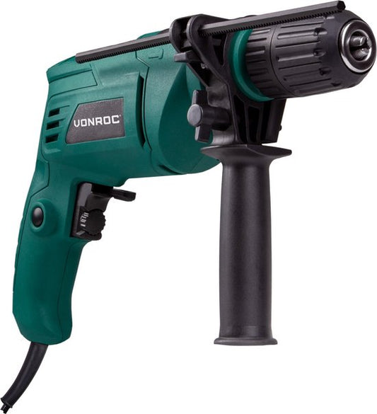 VONROC Perceuse à percussion - 500W - Mandrin rapide - Poignée latérale, butée de profondeur et sac de rangement inclus