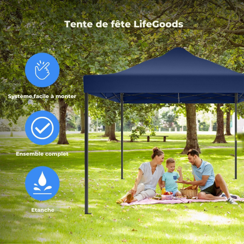 Tente de réception, LifeGoods, 3x4.5 m, Facile à monter, Pliable, Imperméable - Sac de transport à roulettes - Bleu foncé
