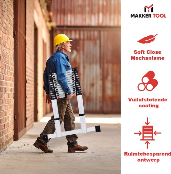 Échelle télescopique Makker Tool 3,2 mètres – Pied stabilisateur et fermeture en douceur