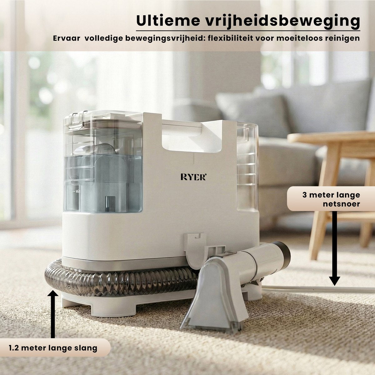 Nettoyeur de taches Ryer - Blanc - 400 W - Puissance d'aspiration de 9 000 Pa - Deux réservoirs d'eau de 1,9 L - 4 embouts - 30 x 15 x 30 cm