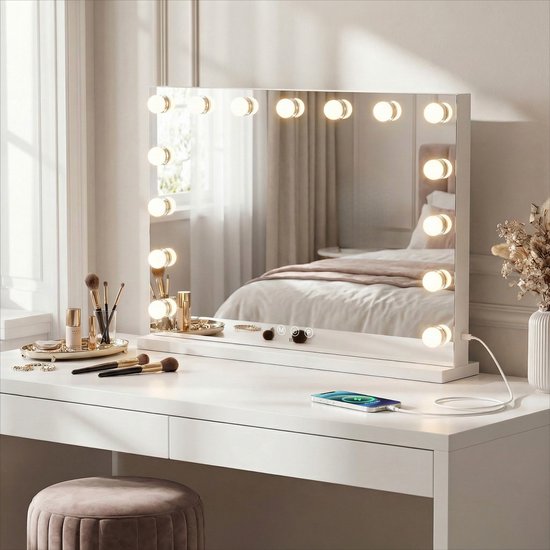 Miroir Bayt avec éclairage - Miroir de maquillage avec éclairage - Miroir Hollywoodien avec éclairage - Dimmable - 58x46cm - Blanc