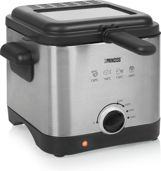 Princess Mini Fryer 182612 - 1,5 litre - Thermostat réglable - Filtre anti-odeurs - Fenêtre de visualisation - Compacte - Convient pour le camping - 1000W - acier inoxydable brossé