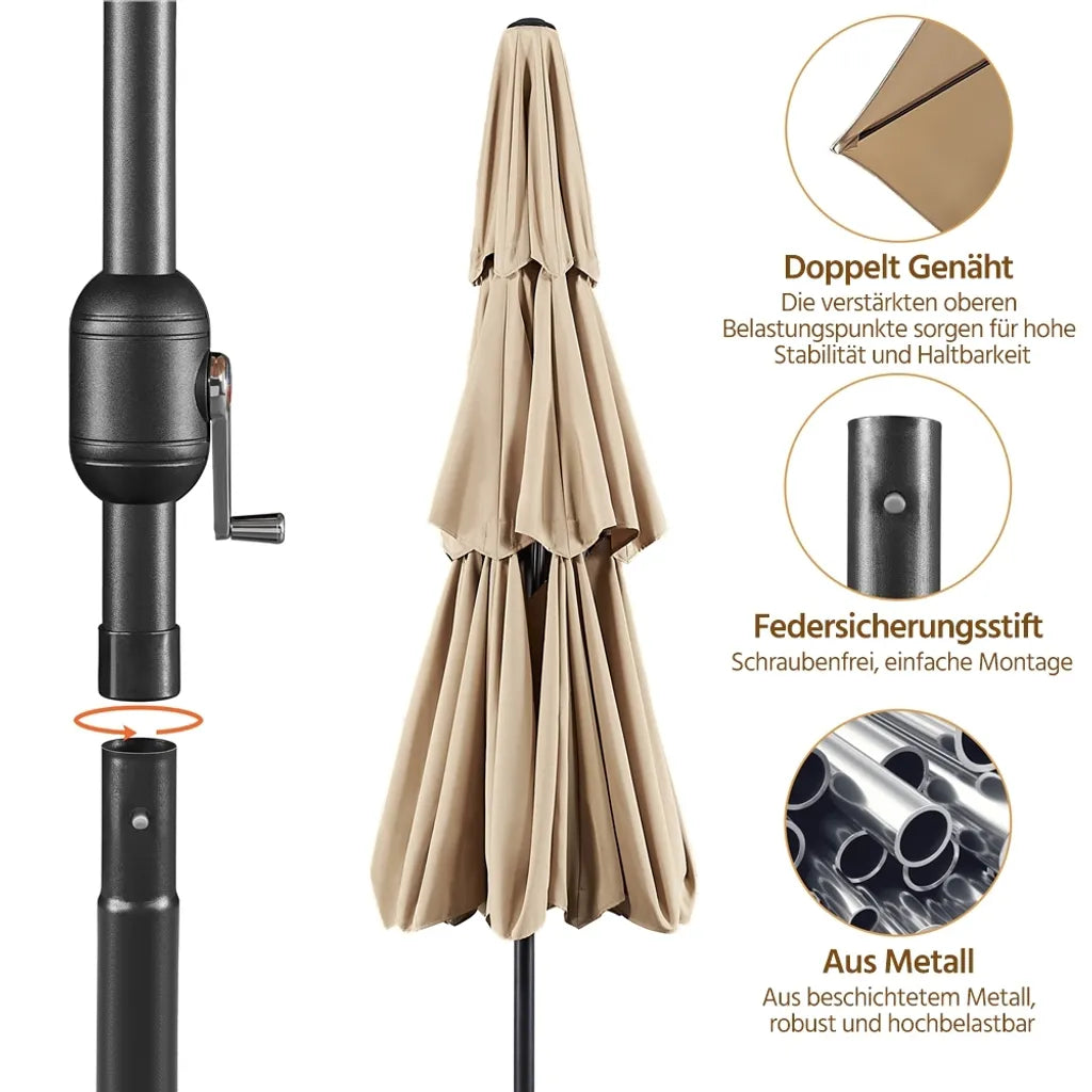 Parasol inclinable Yaheetech à 3 panneaux, Ø 324 cm, marron clair
