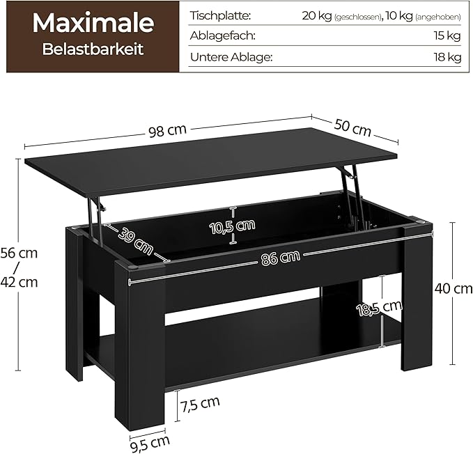 Table basse Yaheetech avec plateau relevable – Noire – Réglable en hauteur avec espace de rangement dissimulé
