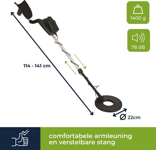 Velleman Détecteur de métaux pour adultes et enfants, bobine de recherche étanche 22 cm, compteur analogique, profondeur de recherche 20 cm, hauteur réglable, accoudoir, chasseur de trésor, détecteur d'argent et d'or