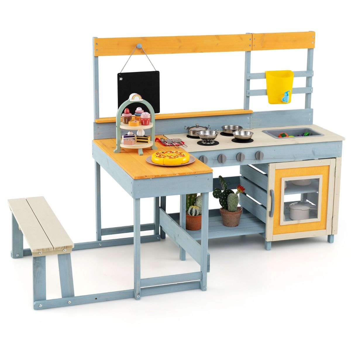 Cuisine jouet Coast pour enfants - Cuisine jouet et coin repas 2-en-1 - avec rangements et accessoires - gris - 150 x 71 x 99 cm