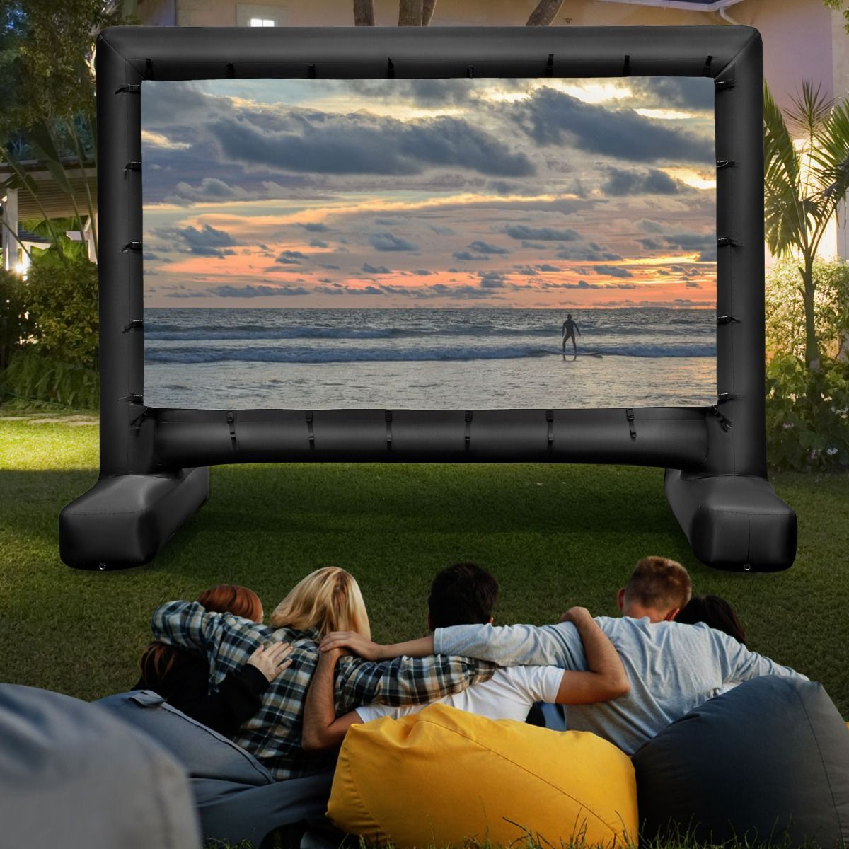Ecran de projection gonflable Coast - Intérieur et extérieur - Ecran de cinéma avec soufflerie d'air et pointes au sol - Double face - Noir