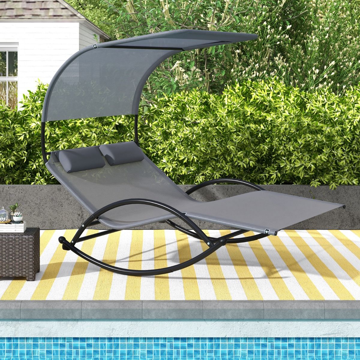 Chaise longue deux places avec auvent et structure en métal - Coast Outdoor Lounger Double Swing - 182x137x165 cm - Gris
