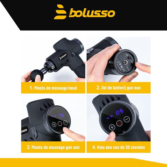 Bolusso Premium Massage Gun - Massage sportif et relaxant - Appareil de massage - 8 embouts - 30 modes - Professionnel - E-book gratuit