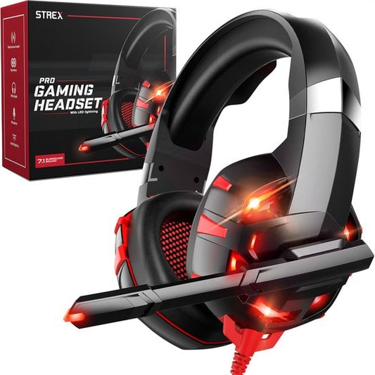 Casque de jeu Strex avec microphone rouge - PC + PS4 + PS5 + Xbox One + Xbox Series