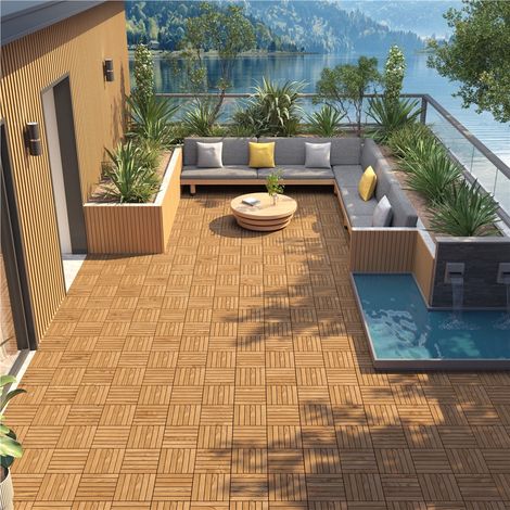 Yaheetech Dalles de terrasse en bois d'acacia, lot de 10 - 31 x 31 cm - Dalles à emboîter pour jardin, balcon et terrasse