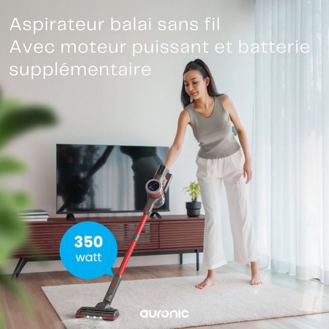 Aspirateur sans fil Auronic - Moteur puissant de 350 W - Batterie supplémentaire - Jusqu'à 45 minutes d'utilisation - Léger et maniable - Rouge/Gris