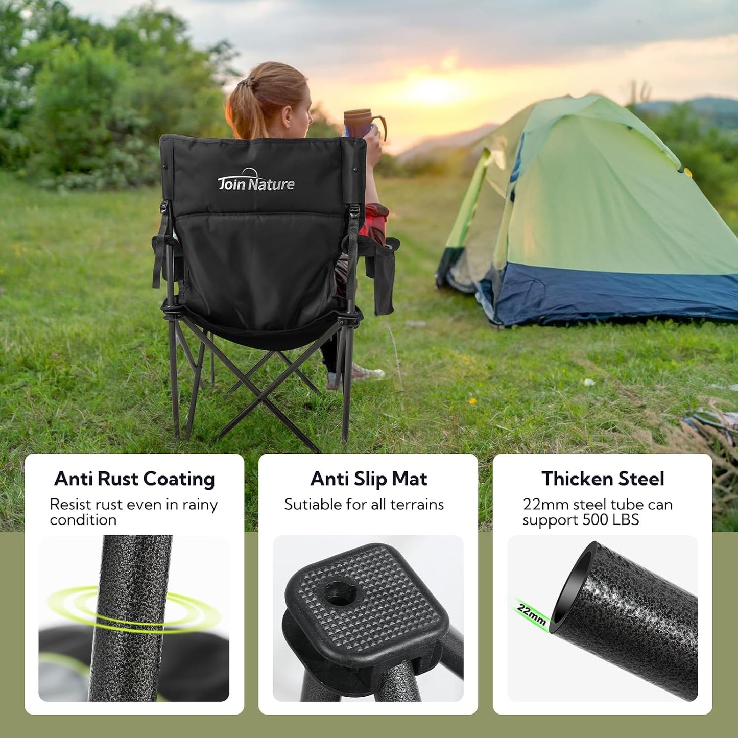 Chaise de camping pliable Join Nature - Noire - 56 x 94 x 97 cm - Capacité de charge maximale : 227 kg