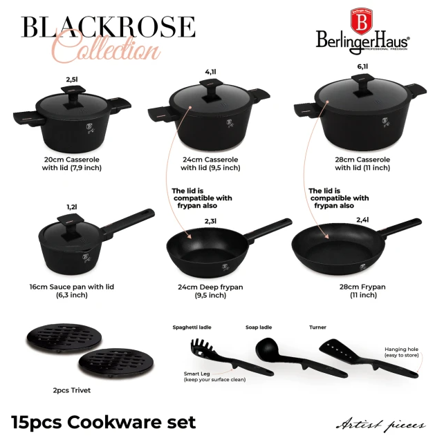 Ensemble de casseroles Berlinger Haus 15 pièces en aluminium forgé - Noir et or rosé - Compatible induction