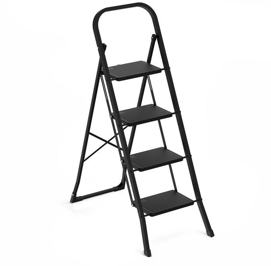 BRASQ Échelle ménagère 4 marches noire - Échelle de cuisine en métal pliable pour usage privé et professionnel - Échelle - Antidérapante