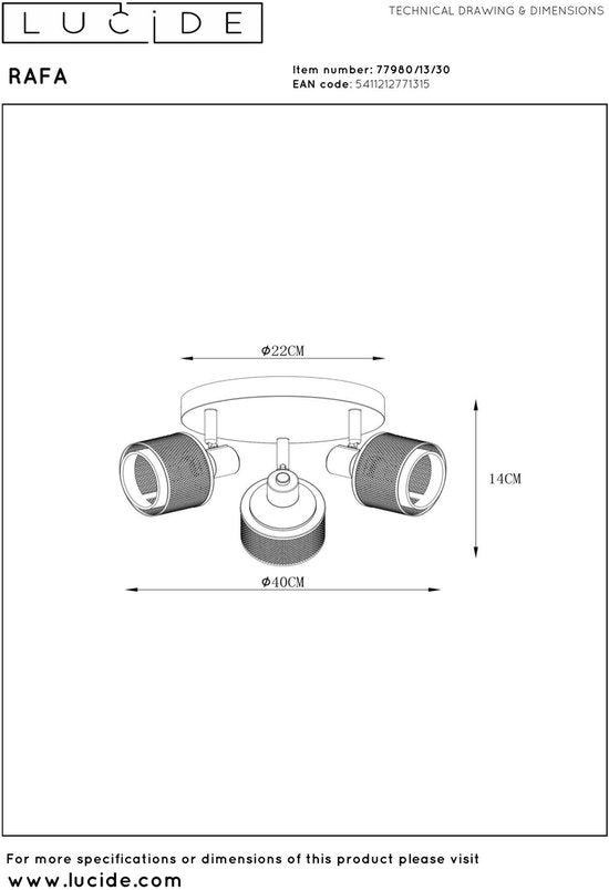 Lucide RAFA - Spot de plafond (lampe de plafond) - Ø 35 cm - 3xE14 - Noir