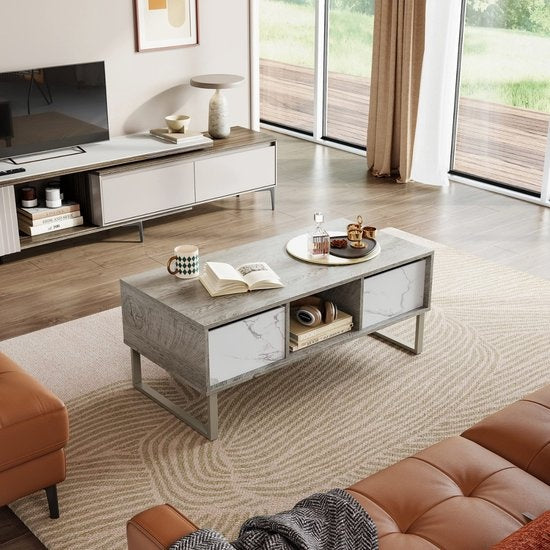 Niceey Salontafel met Lade - Koffietafel - Bijzettafel - Opbergruimte - Hout - 104 x 49.5 x 39.5 cm - Marmerlook