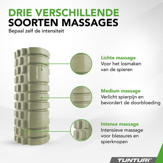 Rouleau en mousse Tunturi Yoga Grid - Rouleau de massage - Rouleau en mousse - Rouleau de fitness - Vert militaire - 33 cm - Application de fitness gratuite incluse
