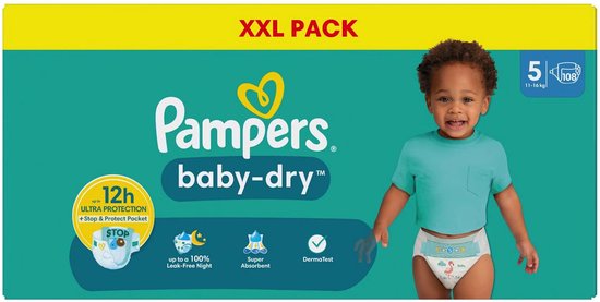 Couches Pampers Baby-Dry - Taille 5 (11-16 kg) - 108 pièces - Pack économique - Stop and Protect - Couche supplémentaire unique - Noyau absorbant - Doubles bords de protection (jusqu'à la taille 5+)
