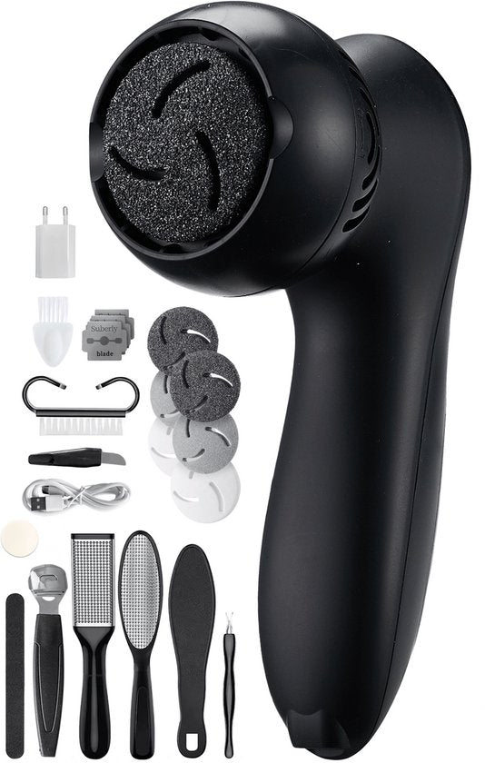 Vulpes Goods® BeautyCare - Extracteur de callosités électrique PRO - 6 disques de callosités inclus - Extracteur de callosités électrique - Set d'extraction de callosités professionnel, set de pédicure de 10 pièces et sac de voyage - lime pour les pieds -