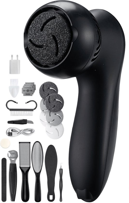 Vulpes Goods® BeautyCare - Extracteur de callosités électrique PRO - 6 disques de callosités inclus - Extracteur de callosités électrique - Set d'extraction de callosités professionnel, set de pédicure de 10 pièces et sac de voyage - lime pour les pieds -
