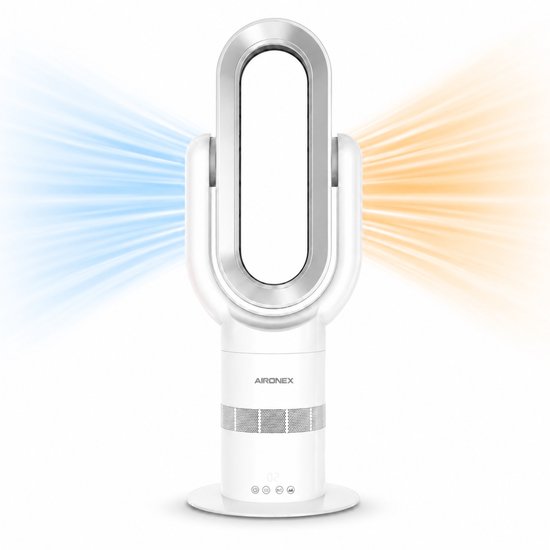 Ventilateur sans fil Aironex Swing avec chauffage – Radiateur soufflant – 2 en 1 : refroidissement et chauffage – 10 réglages – Oscillation à 71° – Télécommande – Blanc