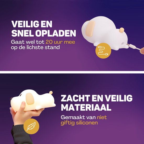 Vulpes Goods® Veilleuse pour enfants - Lumière LED et 8 couleurs - Veilleuse pour chambre de bébé - Chiot - Rechargeable par USB - Variateur - Minuteur - Sans fil - Adapté aux enfants