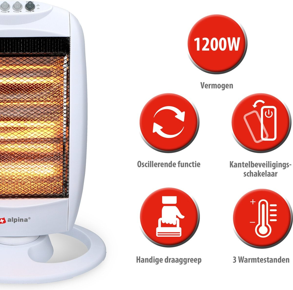 alpina Stove - Halogène - Rotatif - 1200 W - 3 niveaux de chaleur - Protection contre la surchauffe