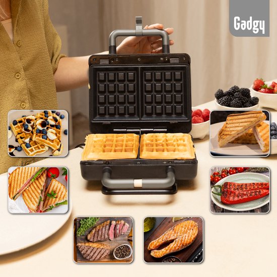 Appareil à croque-monsieur Gadgy Premium pour 2 croque-monsieur – Noir - Gril 3-en-1, appareil à croque-monsieur et gaufrier - Plaques interchangeables - 600 W - Très puissant - 2 gaufres de Bruxelles - Croque-monsieur