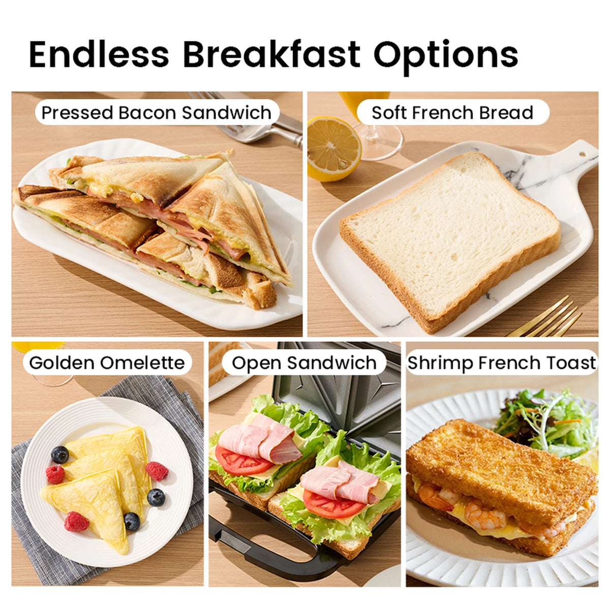 Appareil à sandwichs Ochama 750 W - Double plaque de cuisson - Sandwichs croustillants - Revêtement antiadhésif - Noir