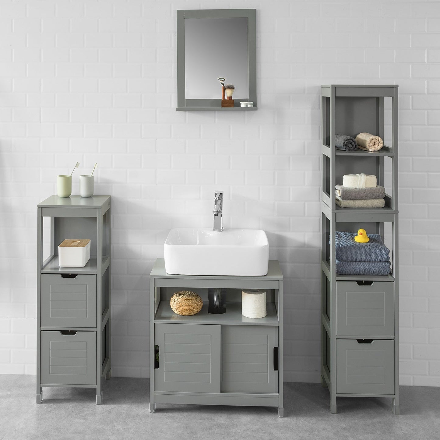 SoBuy Meuble de salle de bain haut avec repose-pieds - 2 tiroirs - Gris - 30x30x145cm