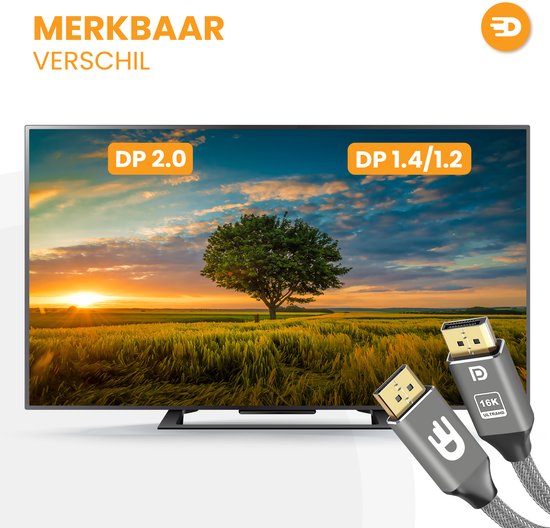 Drivv. Câble DisplayPort 2.1 - 16K 60 Hz - 8K 120 Hz - 4K 144 Hz - 80 Gbps - DisplayPort vers DisplayPort - Câble DP - 1 mètre - Gris