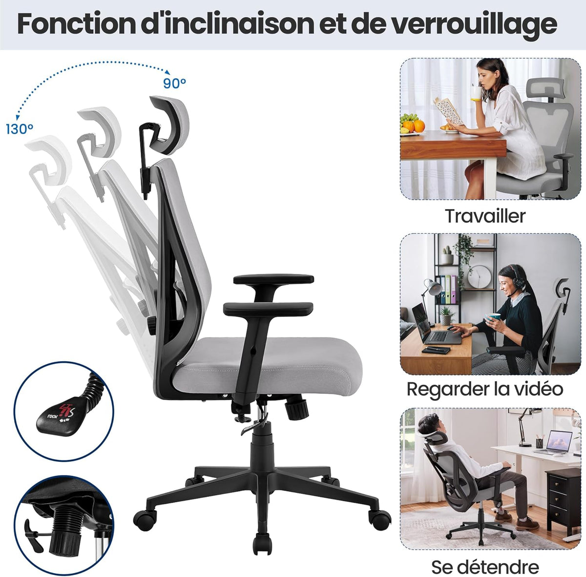 Chaise de bureau ergonomique Yaheetech avec soutien lombaire et appui-tête réglables, 70 × 70 × 125 cm, gris clair