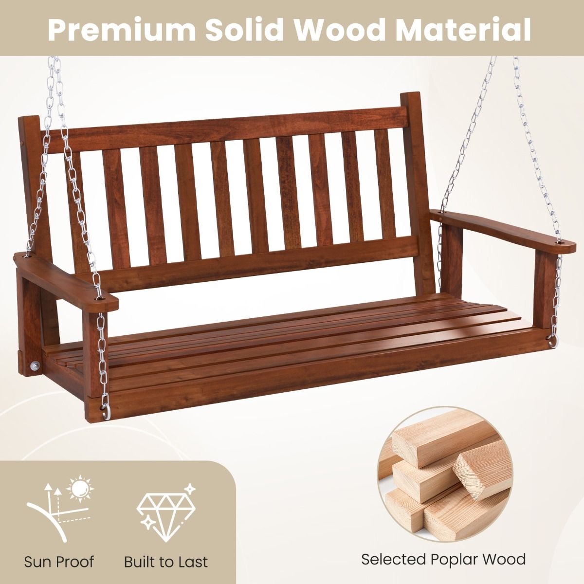 Balançoire / banc suspendu Coast 2 places en bois pour l'extérieur - 136 x 67 x 63 cm, marron, capacité 230 kg