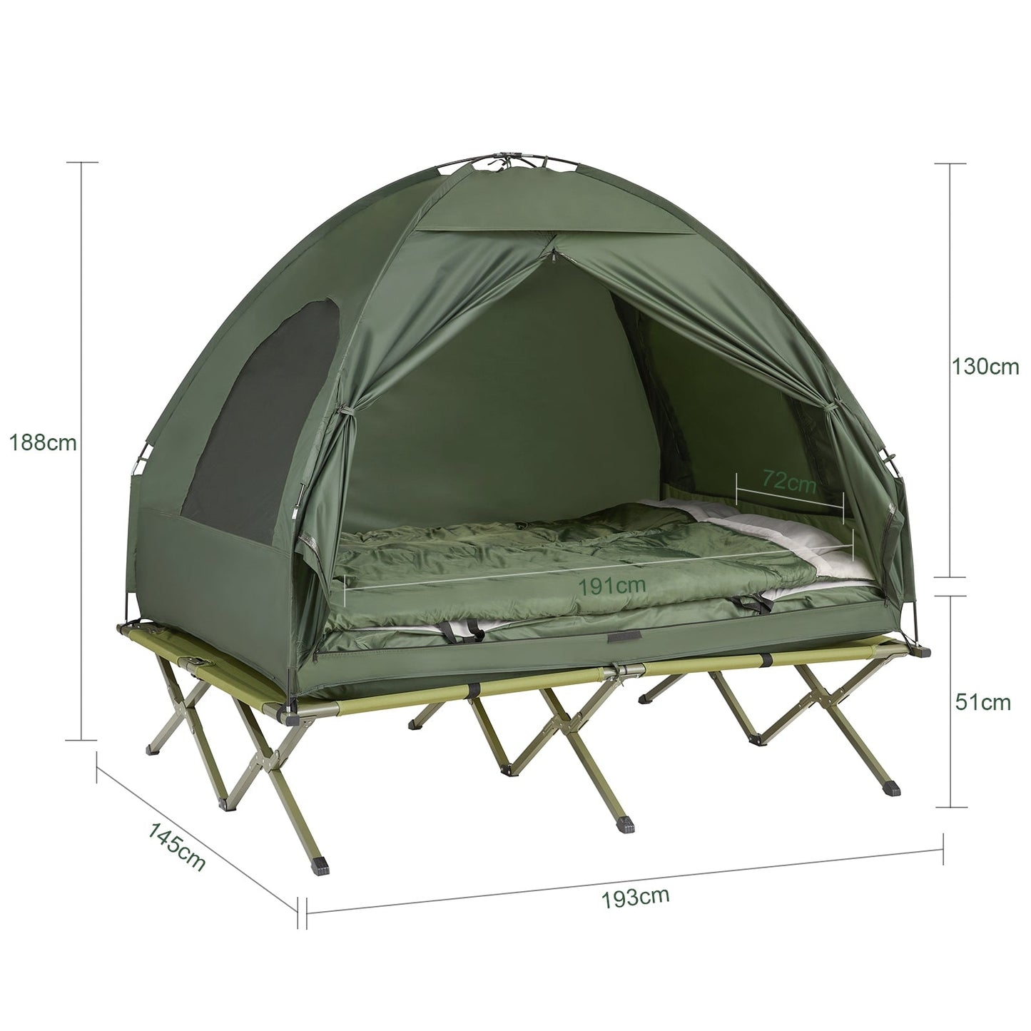 Tente 2 personnes sur élevée SoBuy - Avec matelas pneumatique - Max 300 kg - 193 x 145 x 188 cm - Vert