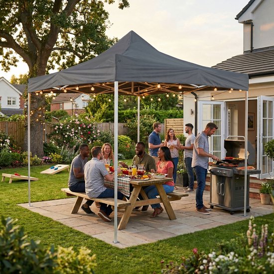 VDD - Tente de fête - 3 x 3 m - Easy Up pliable - Imperméable - Pavillon - Tente pliable avec sac de transport - Tente de fête pour le jardin, les fêtes et les événements - Camping - Montage rapide - Gris