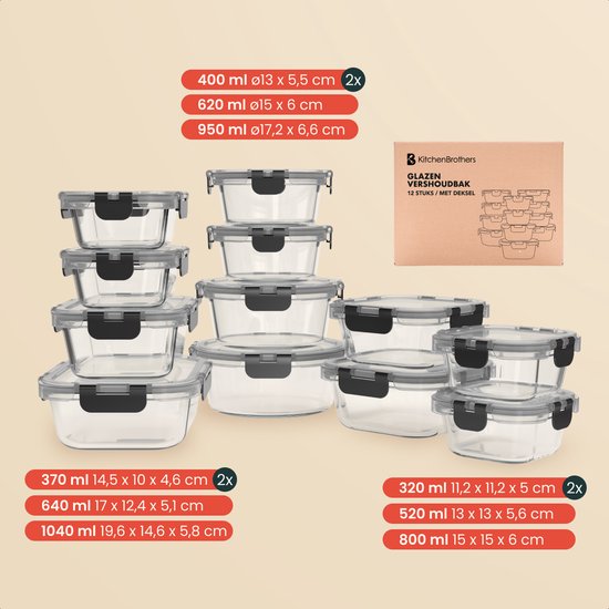 KitchenBrothers Meal Prep Trays Set - Glass Food Storage Trays - Airtight - BPA Free - Freezer Trays - Storage Trays - 6.79L - Glass - 12 Pieces
