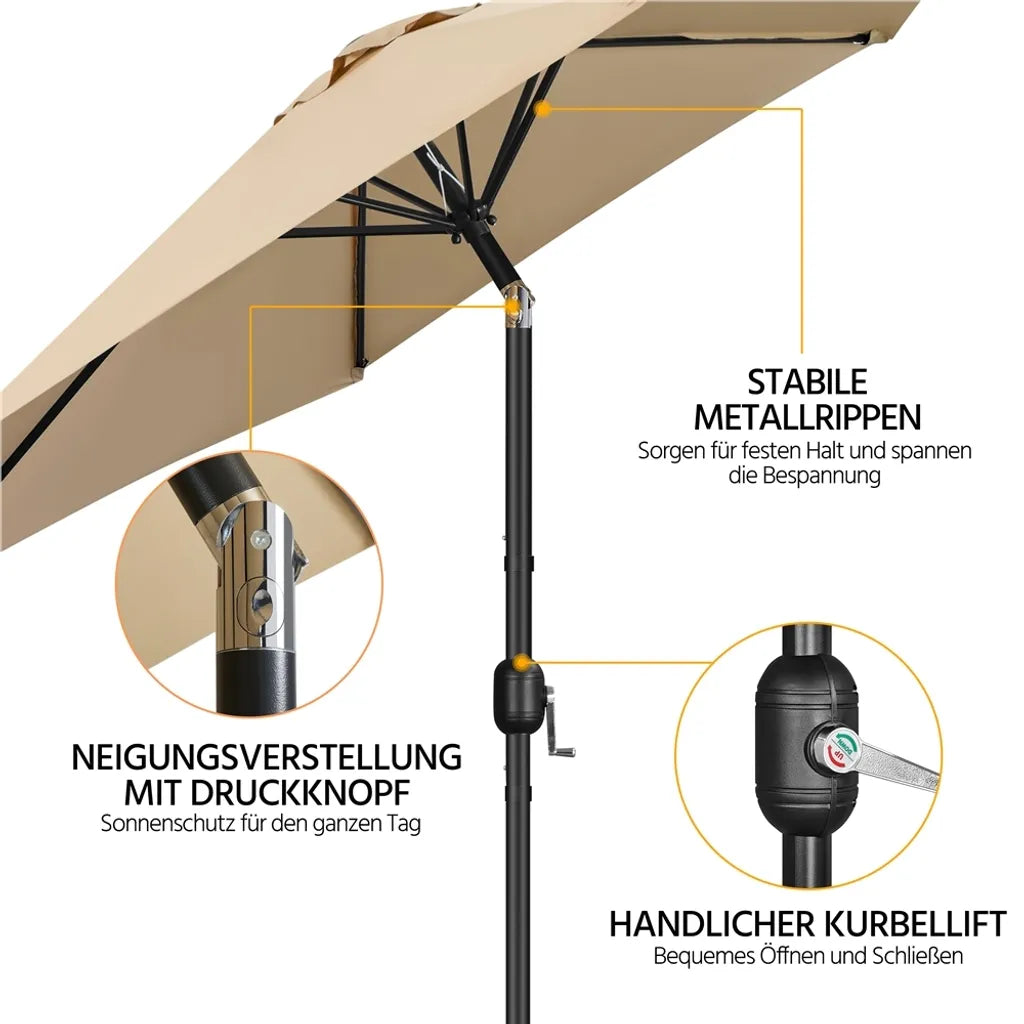 Parasol de jardin Yaheetech avec fonction d'inclinaison et contrepoids - Marron clair - Ø 269 x 241 cm