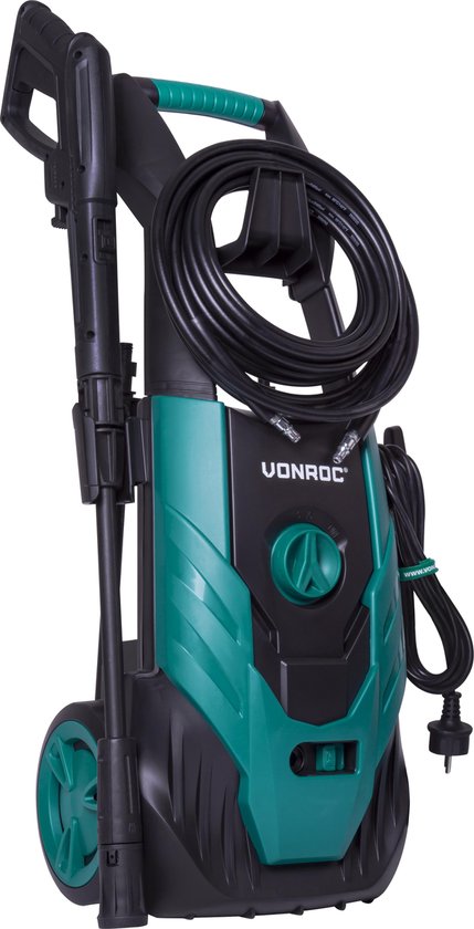 VONROC Nettoyeur haute pression V18-2 1800W - 140 bar - 420 l/h - avec tuyau de 8m, réservoir de détergent intégré, nettoyeur de terrasse, buses et accessoires