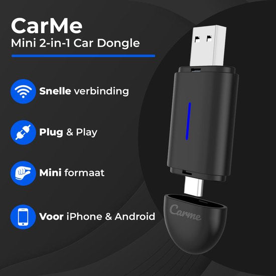 CarMe Mini 2-in-1 CarPlay Dongle - USB-A & USB-C - Wireless CarPlay & Android Auto - Android Auto Dongle - Noir