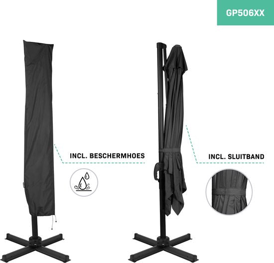 VONROC Premium Parasol flottant Pisogne 300x300cm - Base transversale et housse de protection incluses - Parasol carré - Rotation 360° - Inclinaison - Toile résistante aux UV - Noir