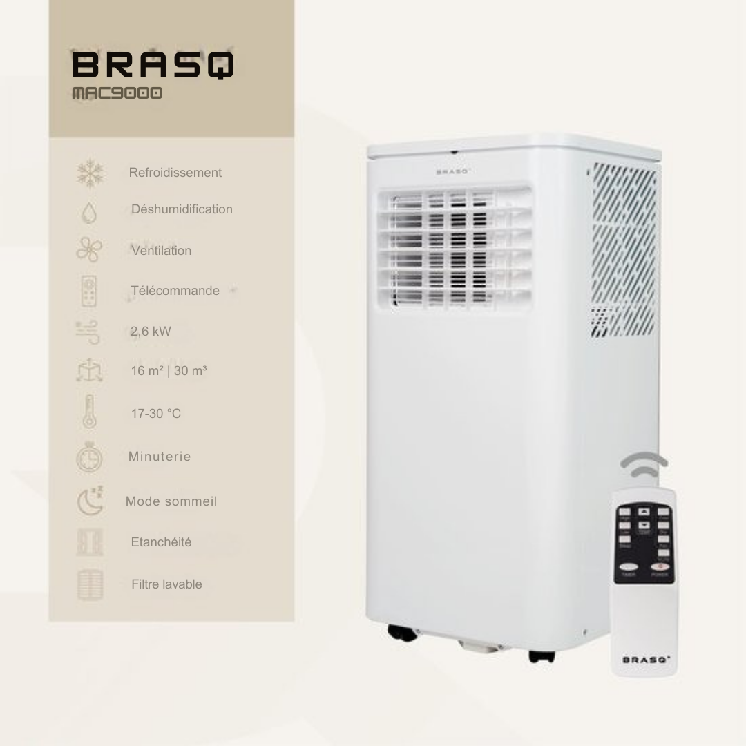 BRASQ 3-in-1 Climatiseur mobile avec kit d'étanchéité de fenêtre - Avec télécommande - Convient pour Chambre à coucher - Salon - Bureau - Climatiseur jusqu'à 16m2 - 9000 BTU - Blanc