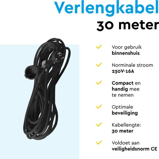 BRASQ Rallonge électrique 30 mètres noire - Rallonge avec prise de terre - Rallonge pour usage intérieur