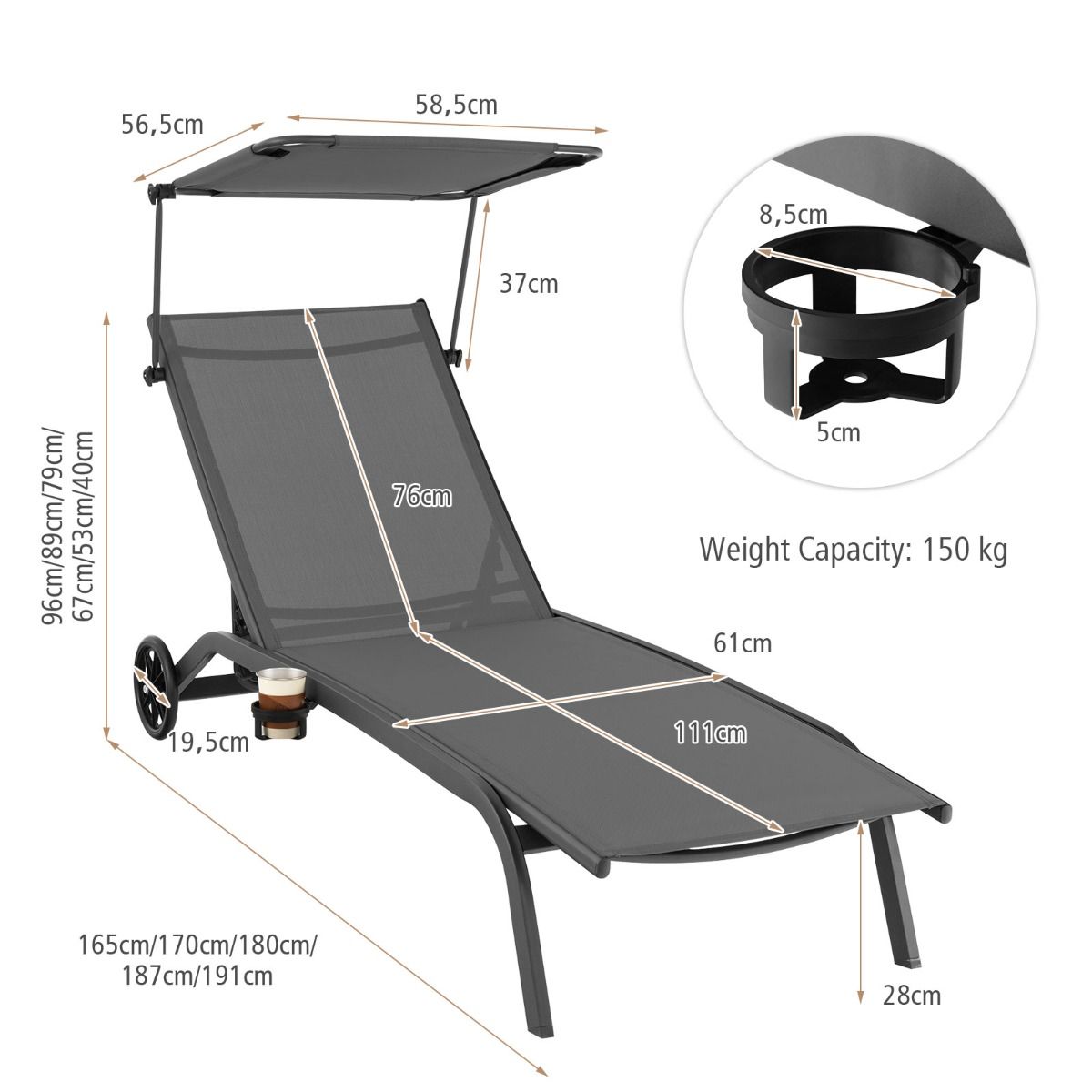 Coast Terrace Lounger Chaise longue pour l'extérieur Gris 165-191x61x40-96 cm Dossier réglable avec capuche et porte-gobelet