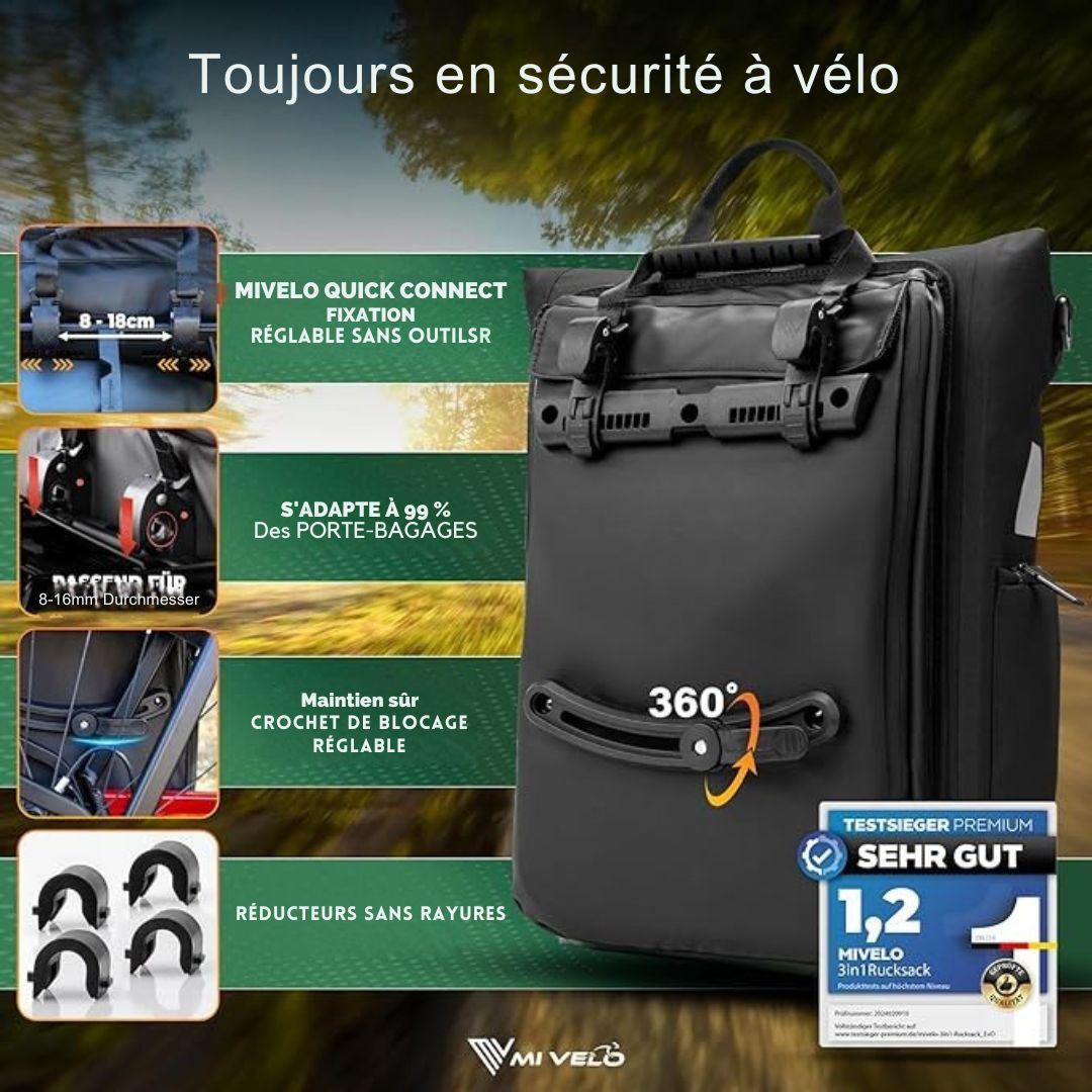 Sac à dos et sac à bandoulière 3-en-1 - MIVELO - Imperméable - 25 litres - Noir