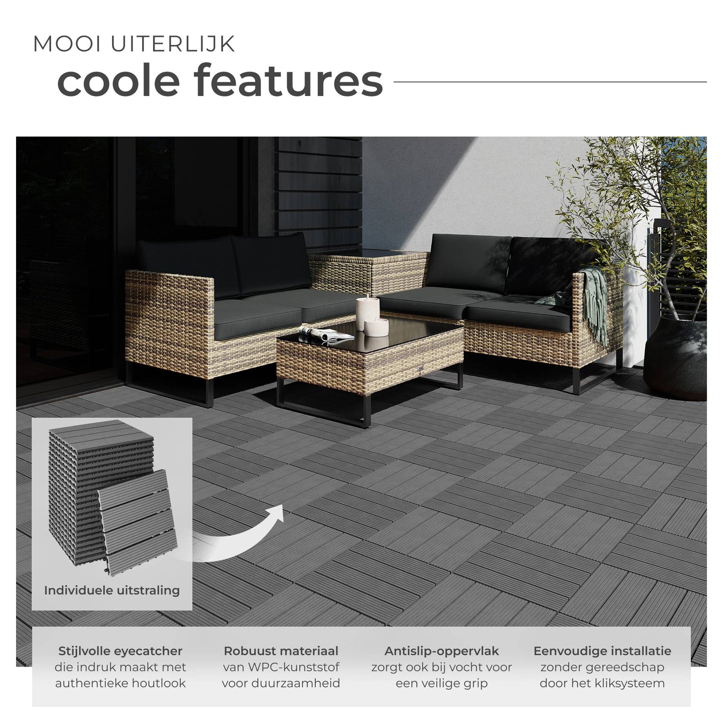 Tectake Tegulas WPC Terra Tiles Grey 31 x 31 x 2.2 cm - Lot de 22 - Système Click - Aspect bois