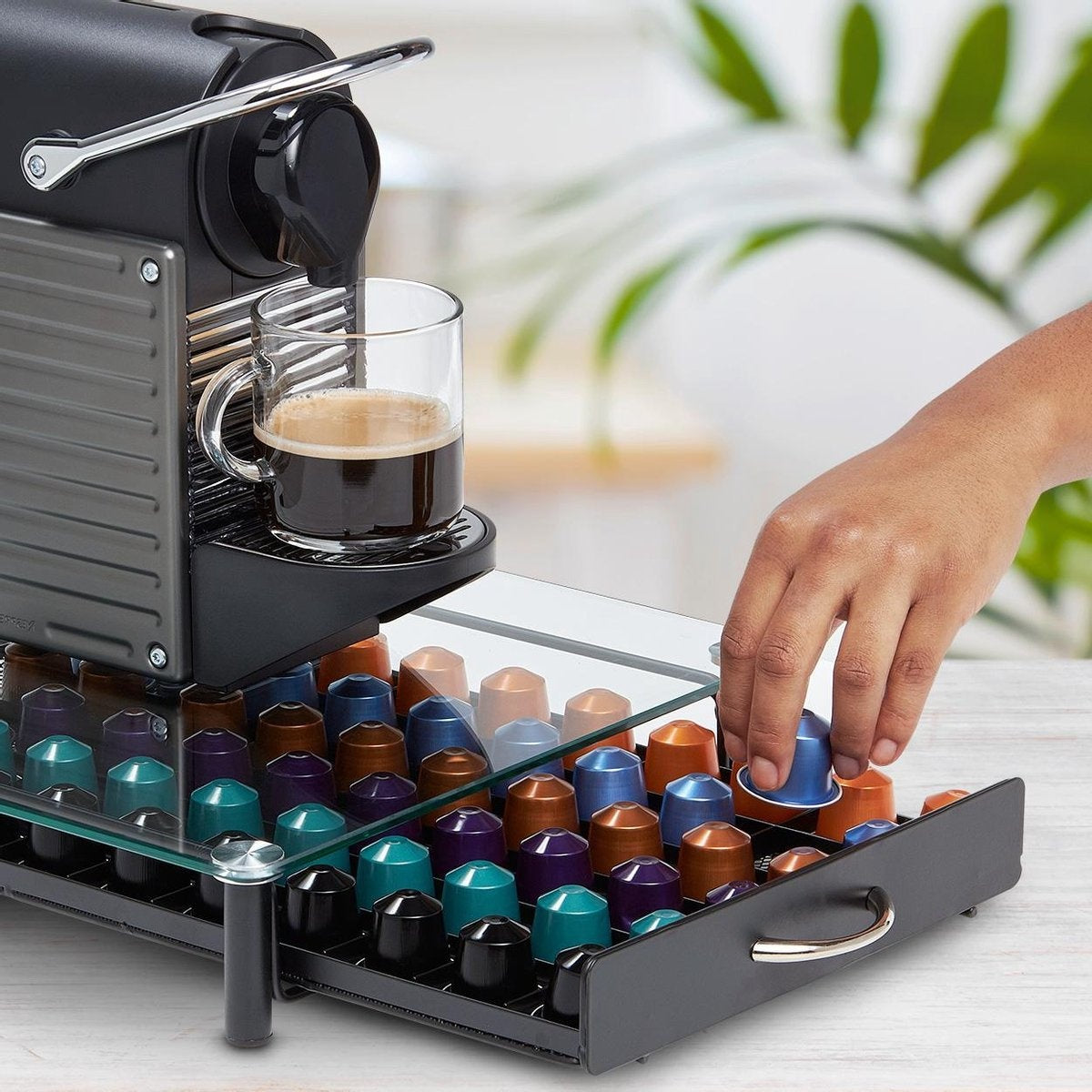 KitchenBrothers Porte-capsules - avec tiroir - Nespresso - 60 tasses - Verre - inox/noir