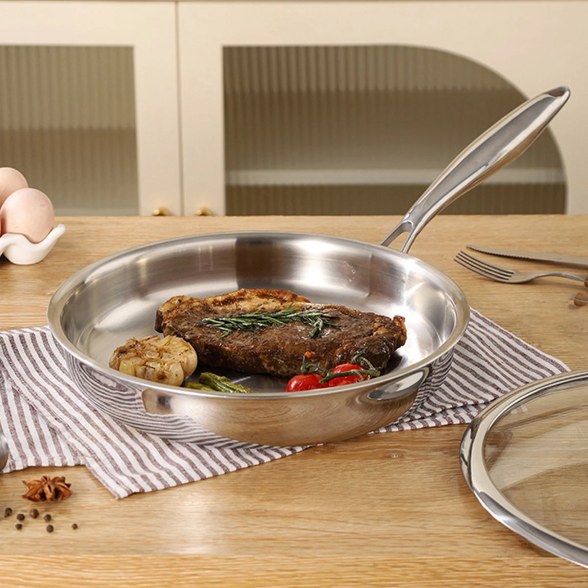 Poêle PURECOOK en acier inoxydable à triple épaisseur, 28 cm - Acier inoxydable 304 - Argent - Compatible avec tous les types de plaques de cuisson