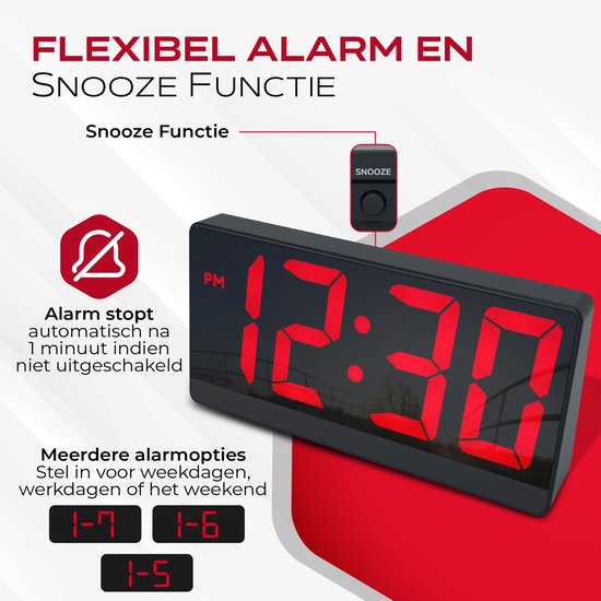 Réveil numérique Caliber - Réveils numériques - Durée de la fonction « snooze » réglable - Réveil - Écran à luminosité réglable - Horloge numérique pour chambre à coucher - Chargeur USB