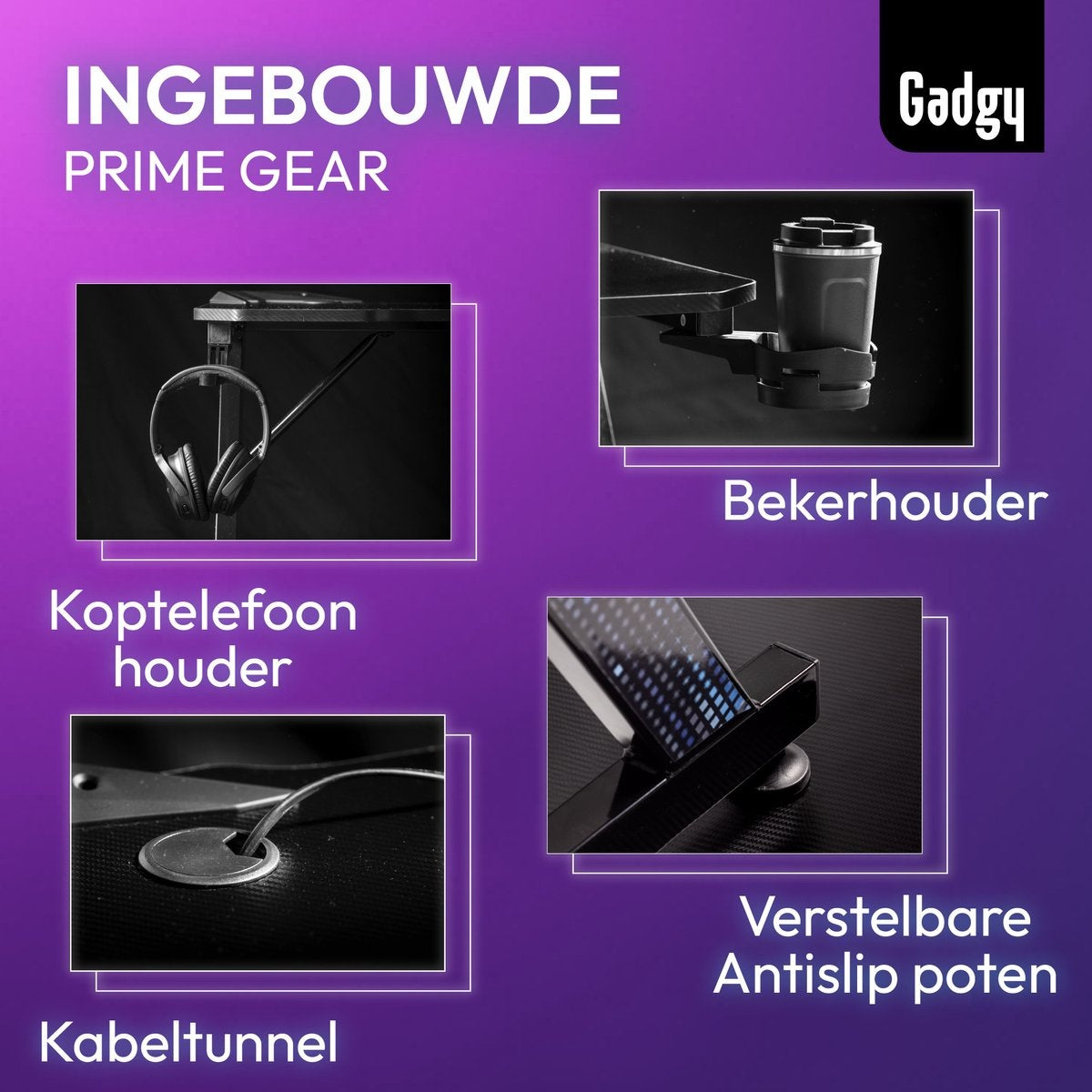 Gadgy Game Desk Carbon - Gaming Desk 110 CM Wide - Gaming Desk with Carbon Details - Gaming Table with Headphone Holder, Cup Holder & Cable Tunnel - Level Up Gaming with Gadgy - Black Carbon